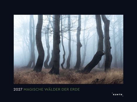 2027 MAGISCHE WÄLDER DER ERDE. Nebelverhangener Wald mit kahlen, verwundenen Bäumen. Logo rechts unten.