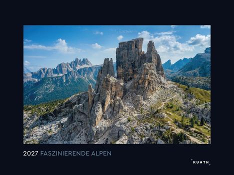 2027 Faszinierende Alpen. Im Hintergrund ragen markante Felsformationen inmitten einer alpinen Landschaft in den Himmel.