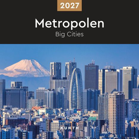 2027 Metropolen Big Cities. Skyline mit modernen Gebäuden und einem schneebedeckten Berg im Hintergrund.