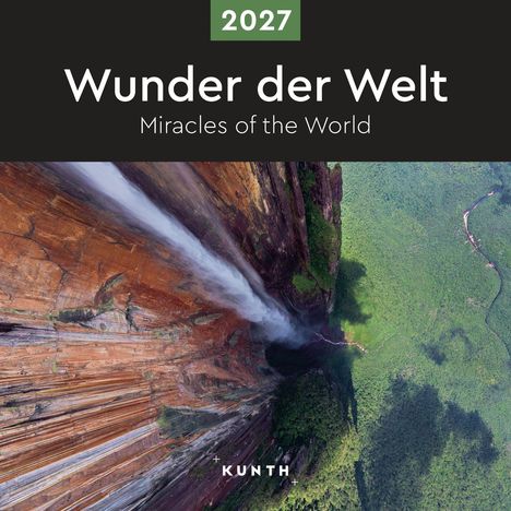 „2027 Wunder der Welt, Miracles of the World“ in Weiß auf schwarzem Hintergrund. Luftaufnahme eines Wasserfalls.