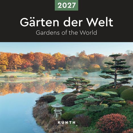 „Gärten der Welt 2027“. Japanischer Garten mit Teich, Herbstfarben, dichter Baumbestand, ruhige und harmonische Atmosphäre.