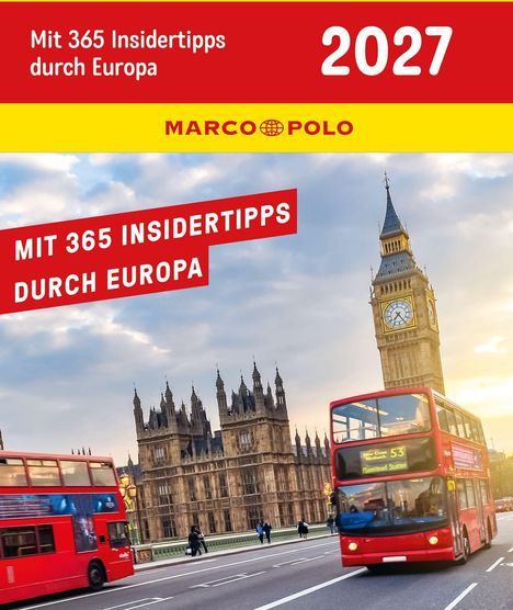 "Mit 365 Insidertipps durch Europa", "2027", "MARCO POLO". Big Ben, Westminster und rote Doppeldeckerbusse in London.