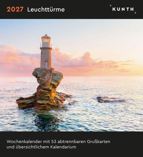 2027 Leuchttürme. Wochenkalender mit 53 abtrennbaren Grußkarten. Leuchtturm auf Felsen im Meer mit Sonnenuntergang.