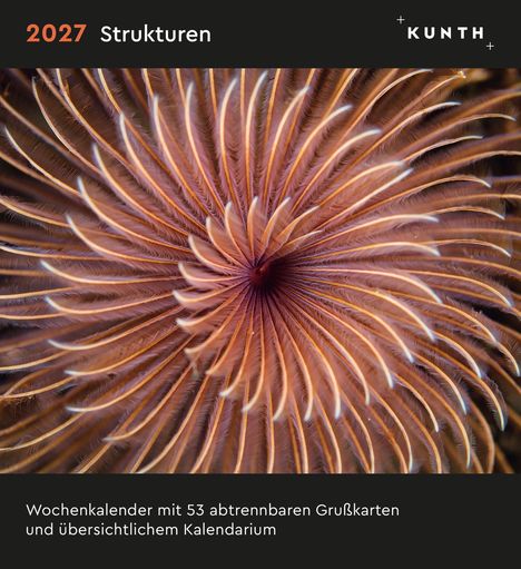 Texte: "2027 Strukturen", "Wochenkalender mit 53 abtrennbaren Grußkarten und übersichtlichem Kalendarium". Ornamente im Zentrum.