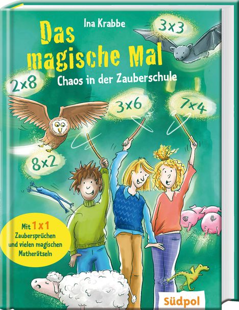 Titel: Das magische Mal - Chaos in der Zauberschule. Farbenfrohe Illustration mit Kindern, Tieren und magischen Effekten.