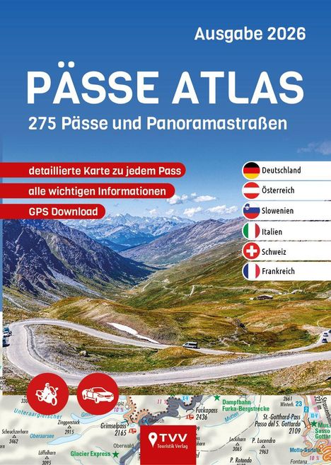 Titel: "PÄSSE ATLAS", 275 Pässe, detaillierte Karten, wichtige Informationen, GPS Download. Straßen in Alpenlandschaft.