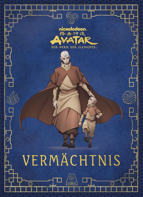 "Vermächtnis" in großer gelber Schrift. Illustration: Zwei Figuren, ein Erwachsener und ein Kind, in Mönchskleidung.