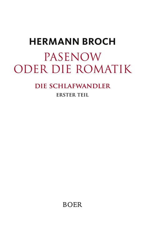 "HERMANN BROCH PASENOW ODER DIE ROMANTIK DIE SCHLAFWANDLER ERSTER TEIL. Unten steht: BOER."