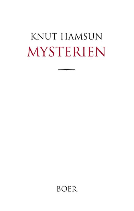 „Knut Hamsun, Mysterien, BOER“. Weißer Buchumschlag mit schlichtem Design.
