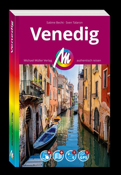 "Venedig" in großer Schrift, Autoren Sabine Becht und Sven Talaron. Bild einer venezianischen Gasse mit Kanal und Booten.