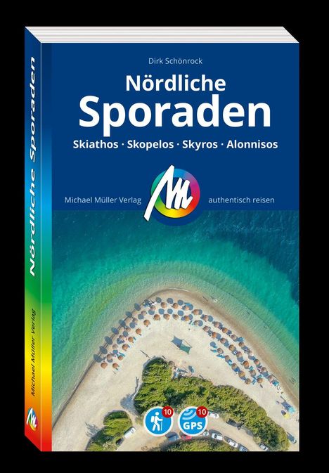 „Nördliche Sporaden“ von Dirk Schönrock; Michael Müller Verlag. Luftaufnahme eines Strandes mit Sonnenschirmen.