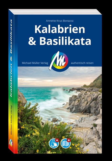 Buchtitel: „Kalabrien & Basilikata“ von Annette Krus-Bonazza. Küstenlandschaft mit Felsen, Meer und blühenden Pflanzen. Logo des Verlags.