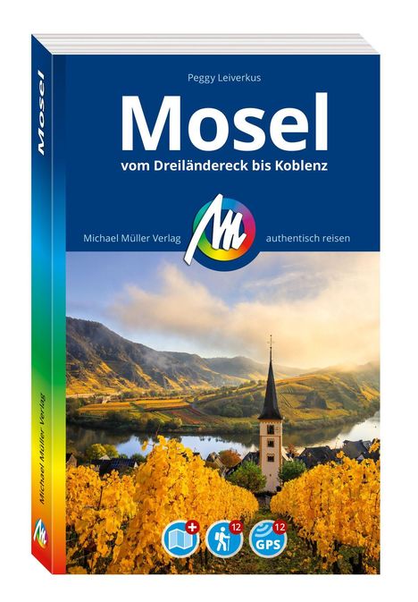 "Mosel: Vom Dreiländereck bis Koblenz". Landschaft mit Weinbergen und einer Kirche, im Hintergrund Hügel und Fluss.