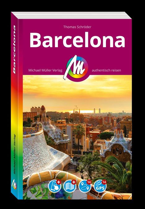 "Barcelona, Thomas Schröder, Michael Müller Verlag. Illustration: Park Güell mit Mosaiken und Blick auf die Stadt bei Sonnenuntergang."