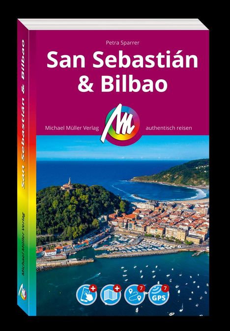 Titel: "San Sebastián & Bilbao". Autor: Petra Sparrer. Logo: Farbiger Kreis mit "Mm". Küstenlandschaft mit Stadt.