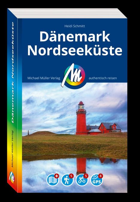 „Dänemark Nordseeküste“, ein Reiseführer von Heidi Schmitt mit Leuchtturm-Illustration, Spiegelung im Wasser, Wolkenhimmel.