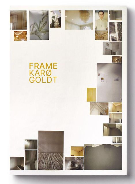 „FRAME KARØ GOLDT“ in Gelb auf weißem Hintergrund, umgeben von kleinen Fotos in einem Rahmenmuster.