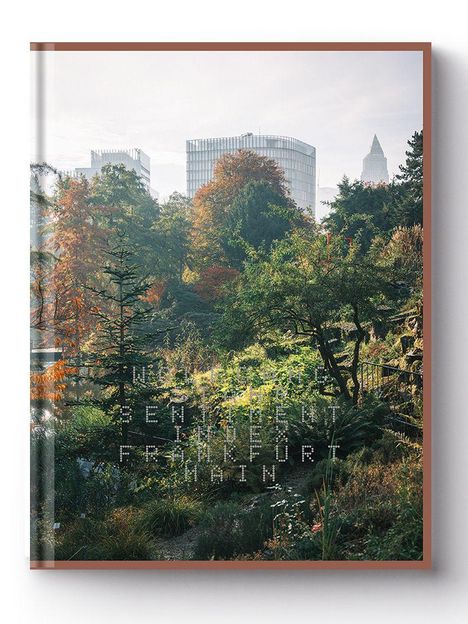 Text: "INSEL, SENTIMENT, INDEX, FRANKFURT AM MAIN." Stadtansicht mit modernen Gebäuden und herbstlichem Grün im Vordergrund.