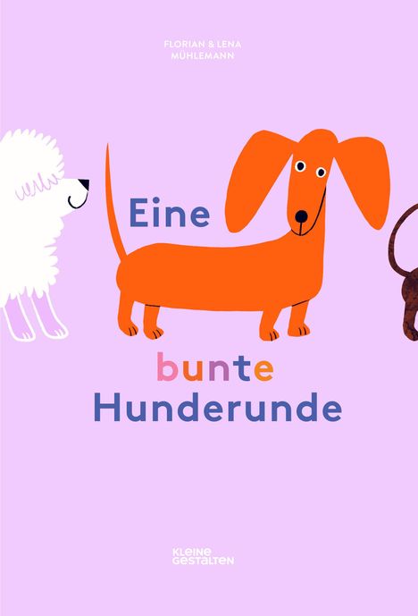 Text: "Eine bunte Hunderunde". Drei stilisierte, farbenfrohe Hunde auf lila Hintergrund.