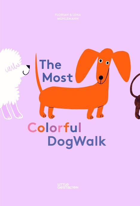 „The Most Colorful DogWalk“ steht in großer Schrift. Illustration von bunten Hunden auf lila Hintergrund.