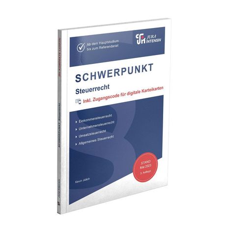 Buchumschlag mit "SCHWERPUNKT Steuerrecht", Zugangscode für digitale Karteikarten, Stand Mai 2023, 3. Auflage.