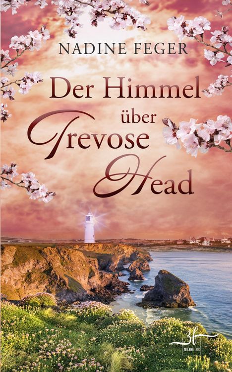 "NADINE FEGER", "Der Himmel über Trevose Head". Ein Leuchtturm vor Klippen, rosa Himmel und blühende Kirschzweige.