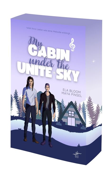 "My Cabin under the Unite Sky", Ela Bloom, Maya Pinsel. Zwei stilisierte Männer vor einer Hütte im Wald, lila Himmel.