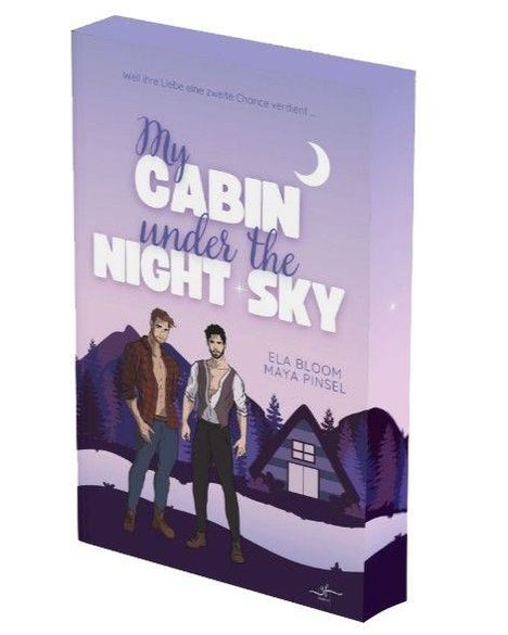 "My Cabin under the Night Sky", Ela Bloom, Maya Pinsel. Zwei Männer, Wald, Hütte, Nachthimmel mit Mond.
