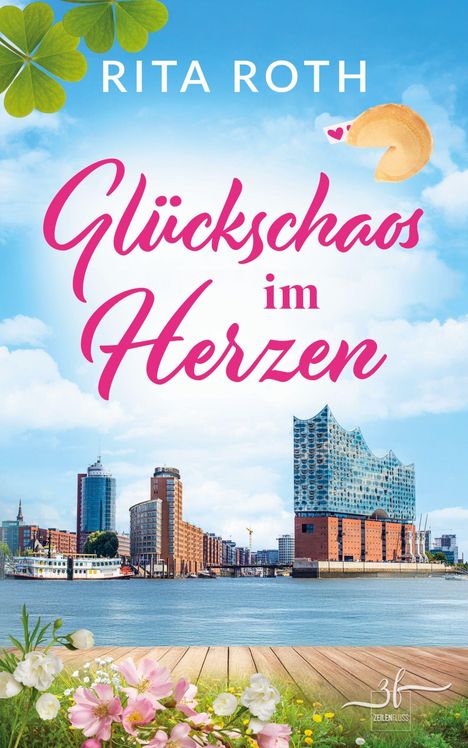 „Glückschaos im Herzen“ von Rita Roth, bunte Skyline am Wasser mit Blumen, Kleeblatt und Glückskeks.