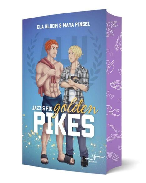 Titel: "Jazz & Fio: Golden Pikes". Illustration: Zwei junge Männer, einer muskulös in Shorts, der andere in Hemd und Jeans.