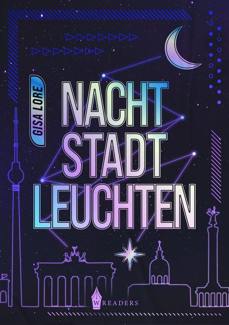 „NACHT STADT LEUCHTEN“ in großen Buchstaben, GISA LORE seitlich. Illustration einer nächtlichen Stadtsilhouette.