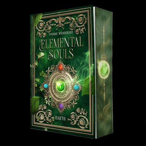 „Yvonne Wundersee, Elemental Souls, Earth“. Ein Buchcover mit grünen und goldenen Verzierungen, Edelsteinen und Pflanzenmotiven.