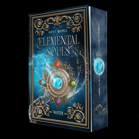 Cover mit Text "Katy J. Michels", "Elemental Souls", "Water". Prunkvolle Verzierung, blauer Edelstein, Wasserthema.