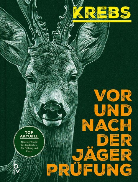 „KREBS“ oben, „Vor und nach der Jägerprüfung“ unten. Illustration von einem Hirsch mit Geweih in der Mitte.