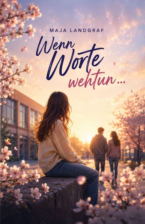 "MAJA LANDGRAF Wenn Worte wehtun..." Eine Person sitzt unter blühenden Bäumen, schaut einem Paar nach.