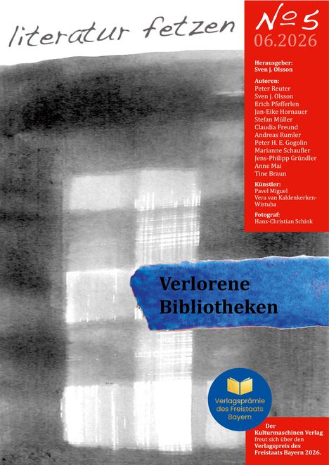 Text: Titel "Verlorene Bibliotheken". Autoren-, Herausgeber- und Künstlerliste; Logo "Verlagsprämie des Freistaats Bayern".
