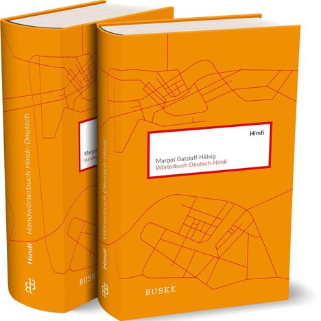 Zwei orangefarbene Bücher mit geometrischen Linien, Titel: "Wörterbuch Deutsch-Hindi" und "Handwörterbuch Hindi-Deutsch".