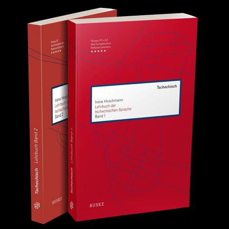 Zwei rote Bücher mit den Titeln „Lehrbuch der tschechischen Sprache Band 1“ und „Band 2“ von Irena Hirschmann.