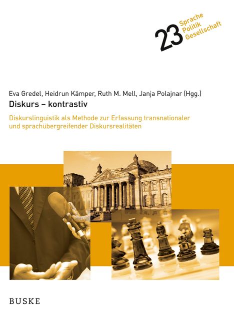 Texte: Diskurs – kontrastiv. Diskurslinguistik als Methode zur Erfassung transnationaler Diskursrealitäten. Drei Fotos: Mikrofone, Gebäude, Schachfiguren.