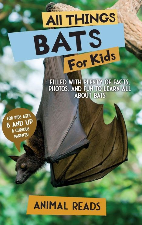 "All Things Bats For Kids", Buchcover mit Fledermaus, Baum und grünem Hintergrund.