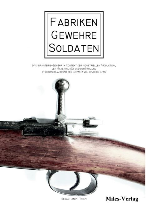 "FABRIKEN GEWEHRE SOLDATEN" gefolgt von einem Gewehr. Oben ein weißer Hintergrund mit schwarzem Text.