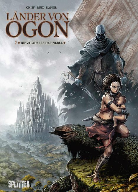 Text: "Länder von Ogon 7 - Die Zitadelle der Nebel." Eine Frau hält ein Kind, ein Krieger steht hinten, Burg im Hintergrund.