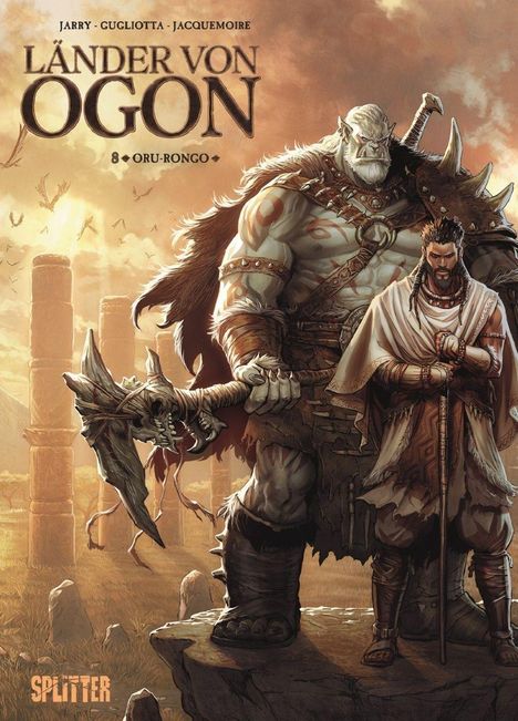 "Länder von Ogon, 8 - Oru-Rongo." Zwei Krieger, einer groß und muskulös mit Knüppel, der andere in feinem Gewand, stehen vor Steinsäulen.