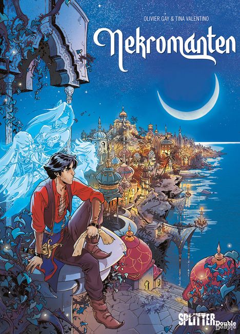 "Nekromanten, Olivier Gay & Tina Valentino." Eine Illustration zeigt einen nachdenklichen Mann über einer nächtlichen Stadt am Meer.