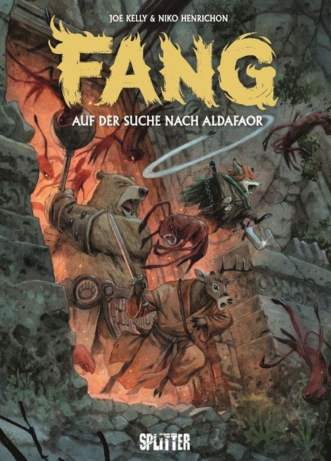 „Fang: Auf der Suche nach Aldafaor“ von Joe Kelly & Niko Henrichon. Darstellung von Tieren in einer abenteuerlichen Szene.