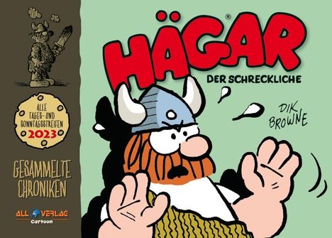 "Hägar der Schreckliche" in großen roten Buchstaben. Illustration eines Wikingers mit Helm und Bart. Links Text über Comicsammlung.