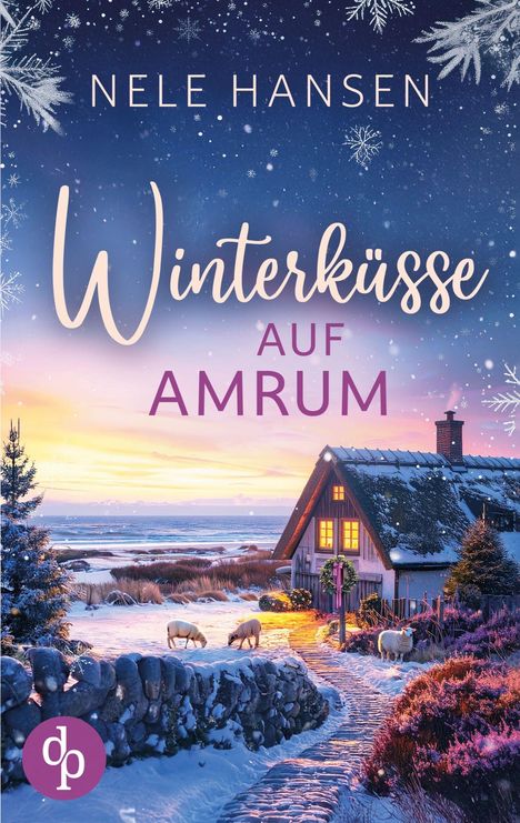 "Nele Hansen. Winterküsse auf Amrum." Verschneite Küstenlandschaft mit Schafen, einem Haus, beleuchtet bei Abenddämmerung.