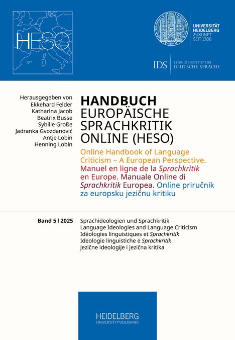 Text: "HANDBUCH EUROPÄISCHE SPRACHKRITIK ONLINE (HESO)", "Band 5 I 2025", Herausgeberliste. Oben zwei Logos. Unten blaues Logo.