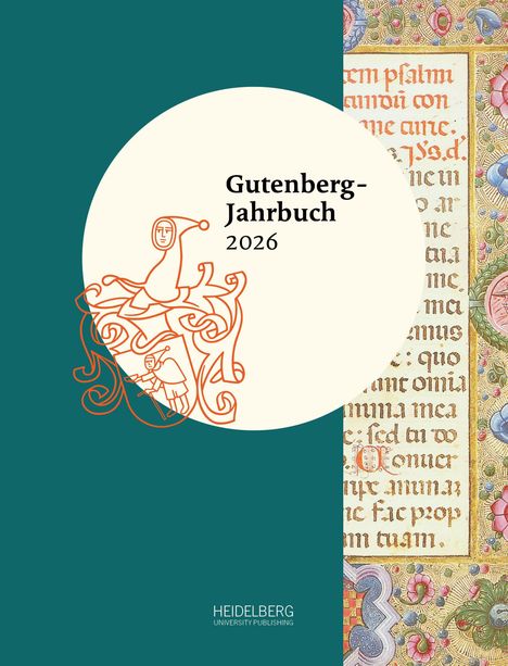 Text: "Gutenberg-Jahrbuch 2026". Illustration: Mittelalterliche Verzierung mit einem Mann in stilisierten Linien.