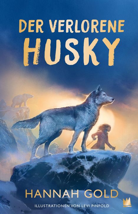 Der Titel "Der verlorene Husky" steht oben. Ein Husky auf einem schneebedeckten Felsen, im Hintergrund ein Mensch und ein Bär.